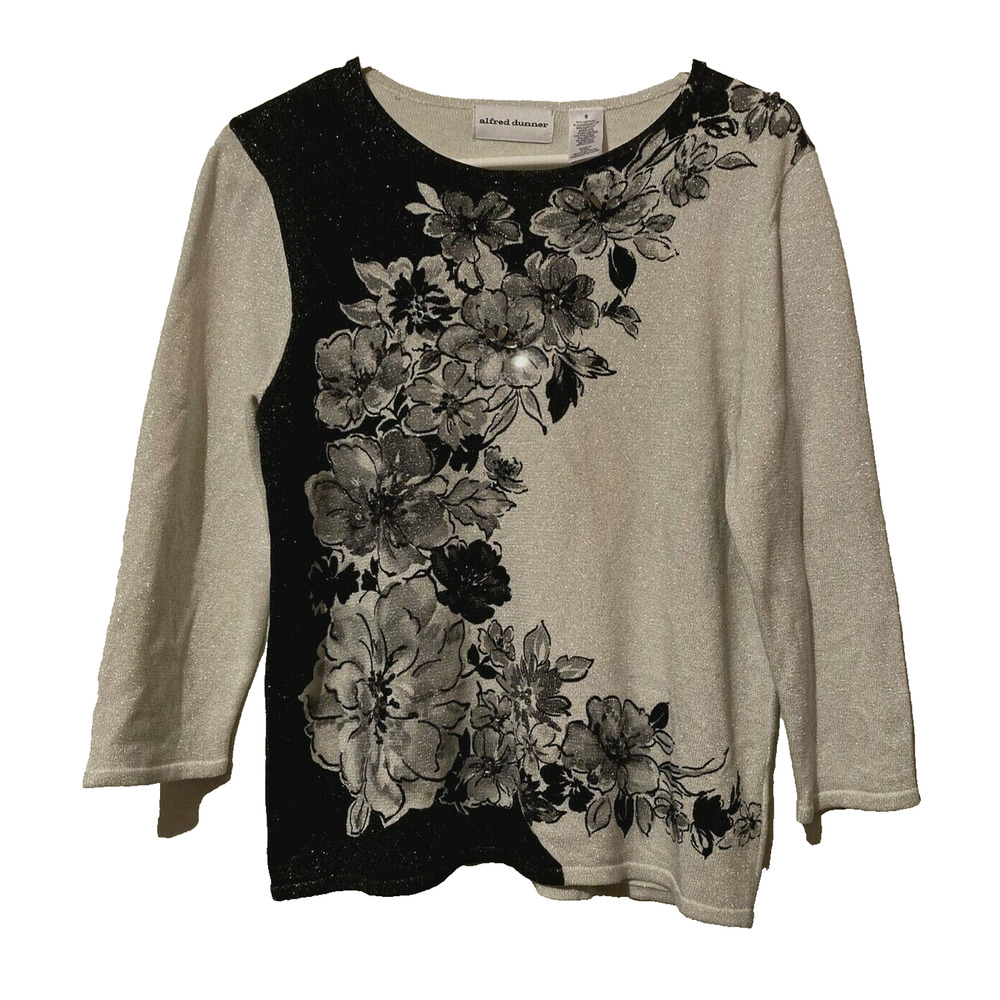Alfred Dunner Sparkling Gray & Black Jewel Embellished Pullover Sweater‎ Small